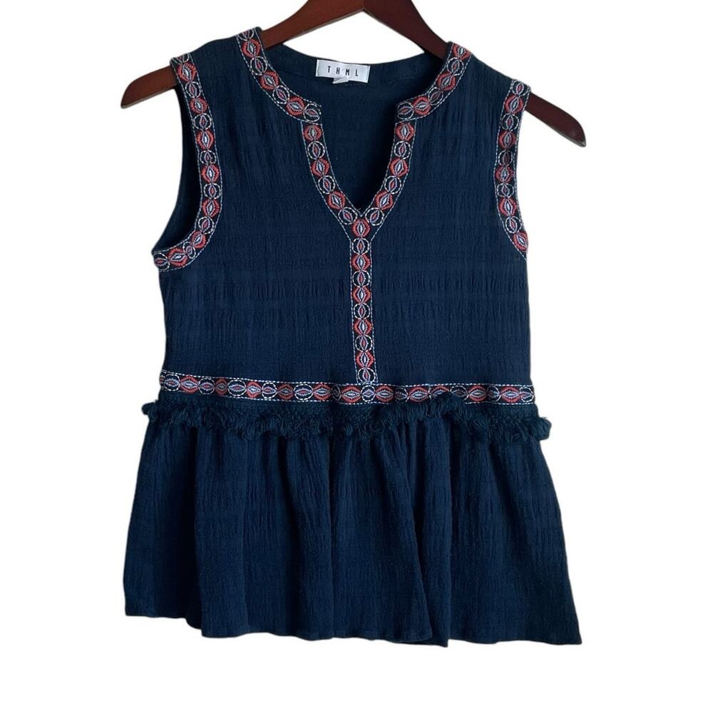 THML Women Top S Blue Southwest Embroidered Gauzy Fringe Boho Cowgirl Festival